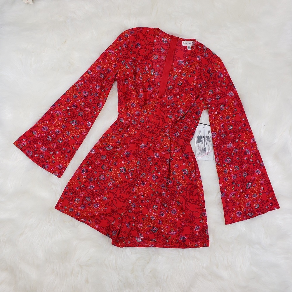 Honey and Rosie Red Floral Bell Sleeve Romper NWT